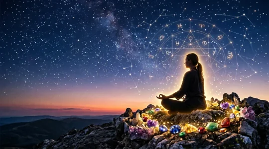 Personne en méditation sous un ciel étoilé symbolisant la transformation intérieure par l'astrologie humaniste