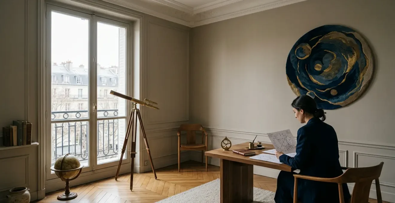 Astrologue professionnel consultant un thème astral dans son bureau parisien