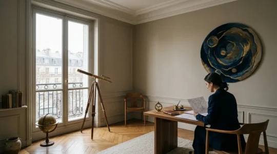 Astrologue professionnel consultant un thème astral dans son bureau parisien