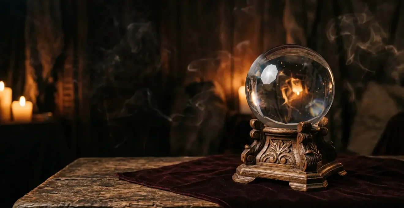 Boule de cristal pur éclairée par une bougie dans une ambiance mystique et contemplative