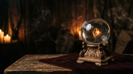 Boule de cristal pur éclairée par une bougie dans une ambiance mystique et contemplative