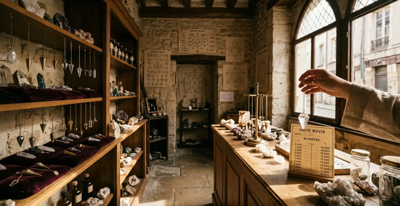 Intérieur chaleureux d'une boutique de radiesthésie avec pendules et pierres naturelles exposés