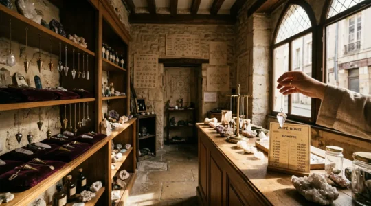 Intérieur chaleureux d'une boutique de radiesthésie avec pendules et pierres naturelles exposés