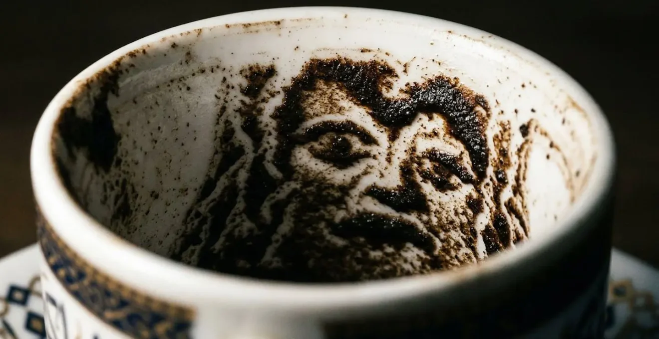 Vue macro d'une tasse de café avec des motifs complexes formés par le marc, évoquant des formes mystérieuses