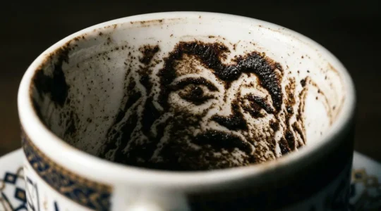 Vue macro d'une tasse de café avec des motifs complexes formés par le marc, évoquant des formes mystérieuses