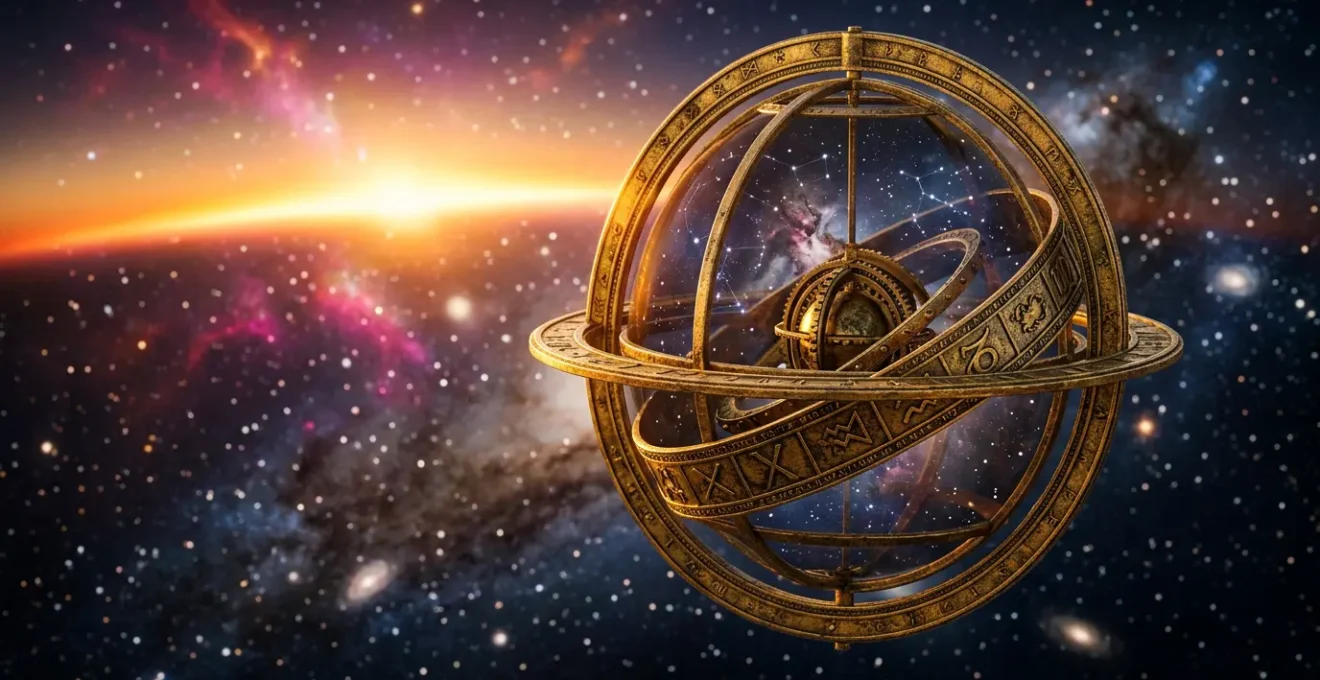 Roue astrologique dorée avec constellations et symboles planétaires illuminés dans un ciel étoilé nocturne