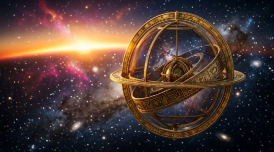 Roue astrologique dorée avec constellations et symboles planétaires illuminés dans un ciel étoilé nocturne