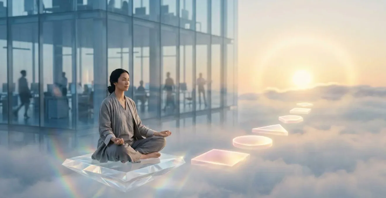 Personne en méditation contemplant un chemin lumineux devant un bureau moderne