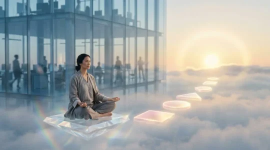 Personne en méditation contemplant un chemin lumineux devant un bureau moderne