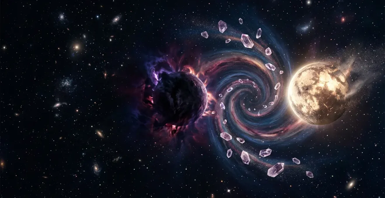 Représentation symbolique de Chiron et Lilith dans le cosmos, révélant les blessures intérieures