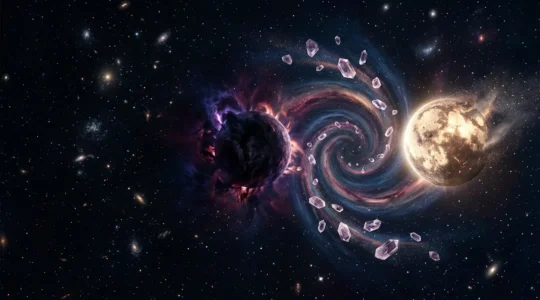 Représentation symbolique de Chiron et Lilith dans le cosmos, révélant les blessures intérieures