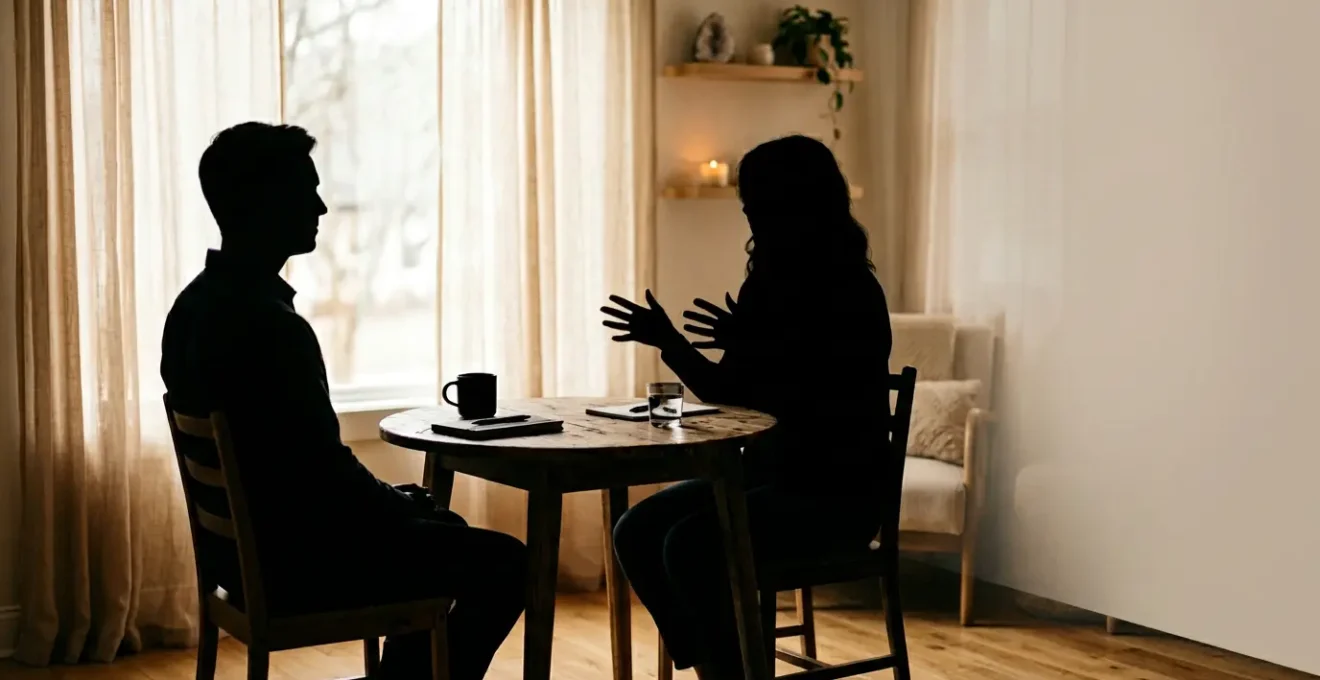 Consultation de voyance dans un cabinet éclairé avec praticien professionnel et consultant en discussion sereine