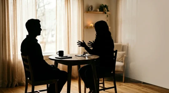 Consultation de voyance dans un cabinet éclairé avec praticien professionnel et consultant en discussion sereine