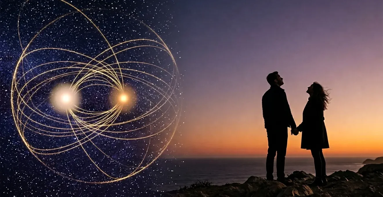 Ciel étoilé avec planètes Vénus et Mars en conjonction, couple main dans la main observant les astres