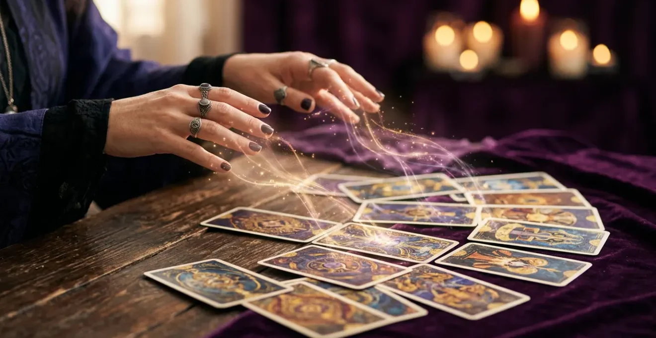 Médium consultant des cartes de tarot avec énergie lumineuse autour de ses mains, dans une atmosphère mystique