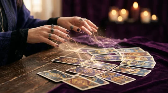 Médium consultant des cartes de tarot avec énergie lumineuse autour de ses mains, dans une atmosphère mystique