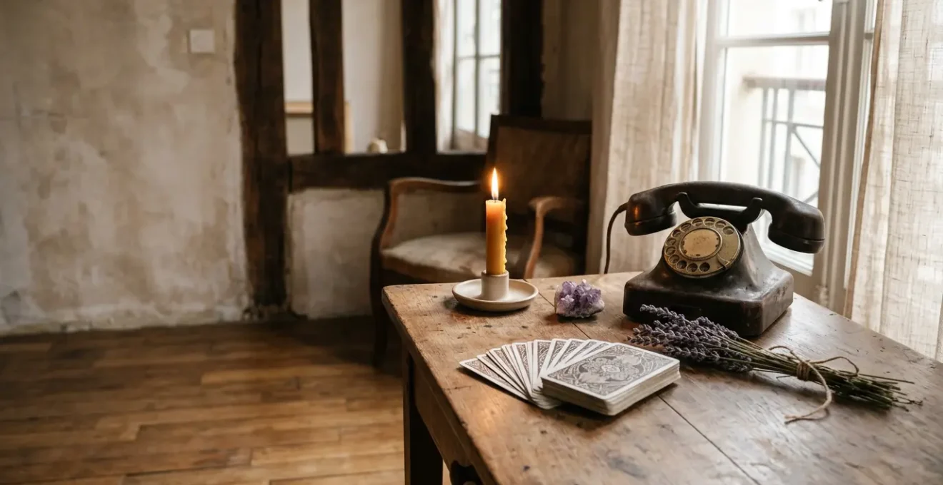 Consultation de voyance par téléphone avec cartes de tarot sur table en bois