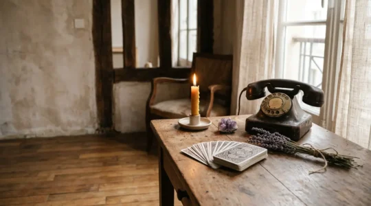 Consultation de voyance par téléphone avec cartes de tarot sur table en bois