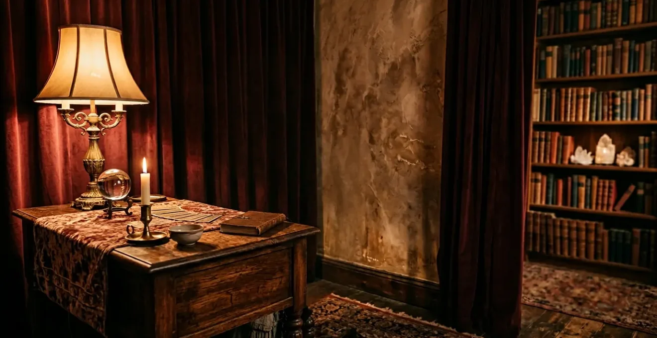 Cabinet de voyance privé avec ambiance tamisée et bureau en bois ancien