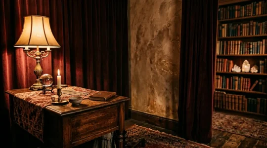 Cabinet de voyance privé avec ambiance tamisée et bureau en bois ancien