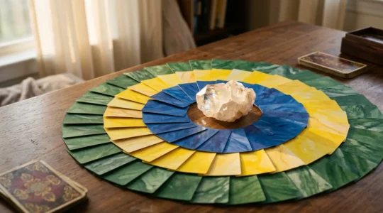 Femme prenant des notes structurées pendant une consultation de voyance avec cartes et cristaux