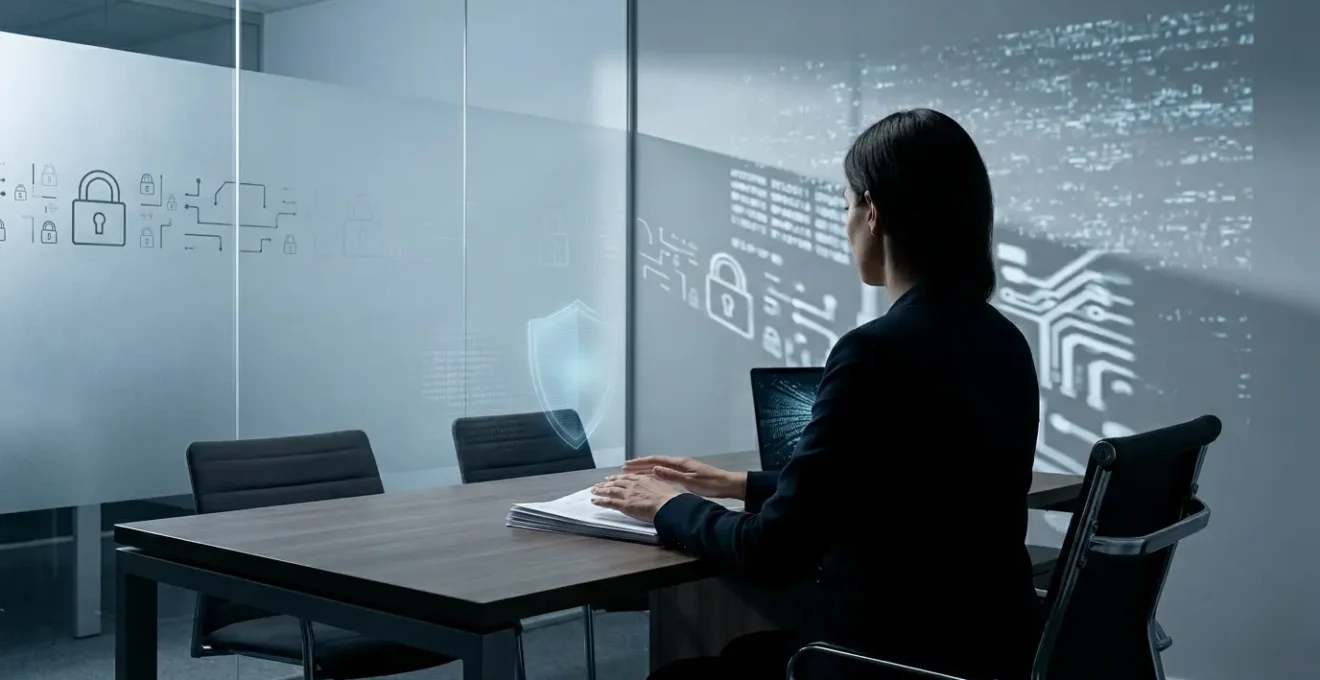 Personne de dos consultant des documents confidentiels dans un environnement sécurisé avec symbolique de cadenas et bouclier numérique