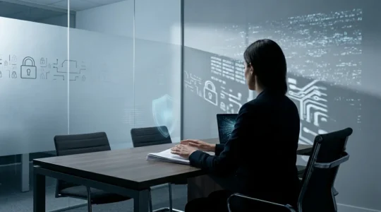 Personne de dos consultant des documents confidentiels dans un environnement sécurisé avec symbolique de cadenas et bouclier numérique