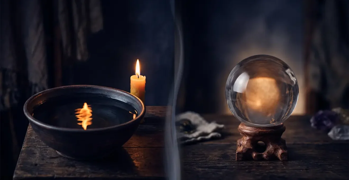 Comparaison visuelle entre la divination par l'eau et par le cristal, montrant les deux pratiques côte à côte avec leurs éléments caractéristiques