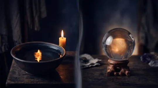 Comparaison visuelle entre la divination par l'eau et par le cristal, montrant les deux pratiques côte à côte avec leurs éléments caractéristiques