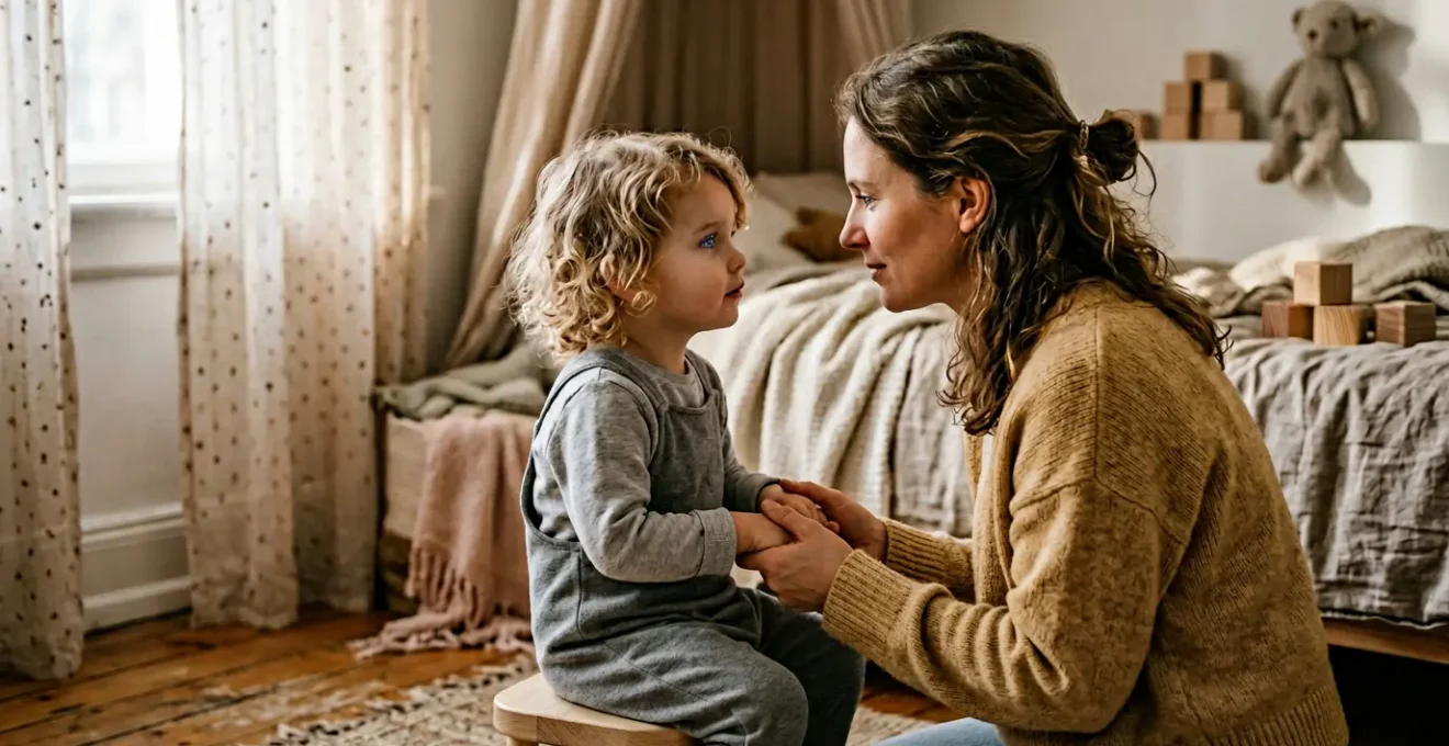 Portrait intime d'un parent observant son enfant avec des symboles astrologiques subtils
