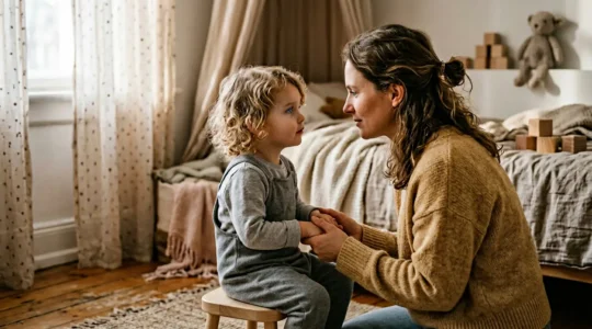 Portrait intime d'un parent observant son enfant avec des symboles astrologiques subtils