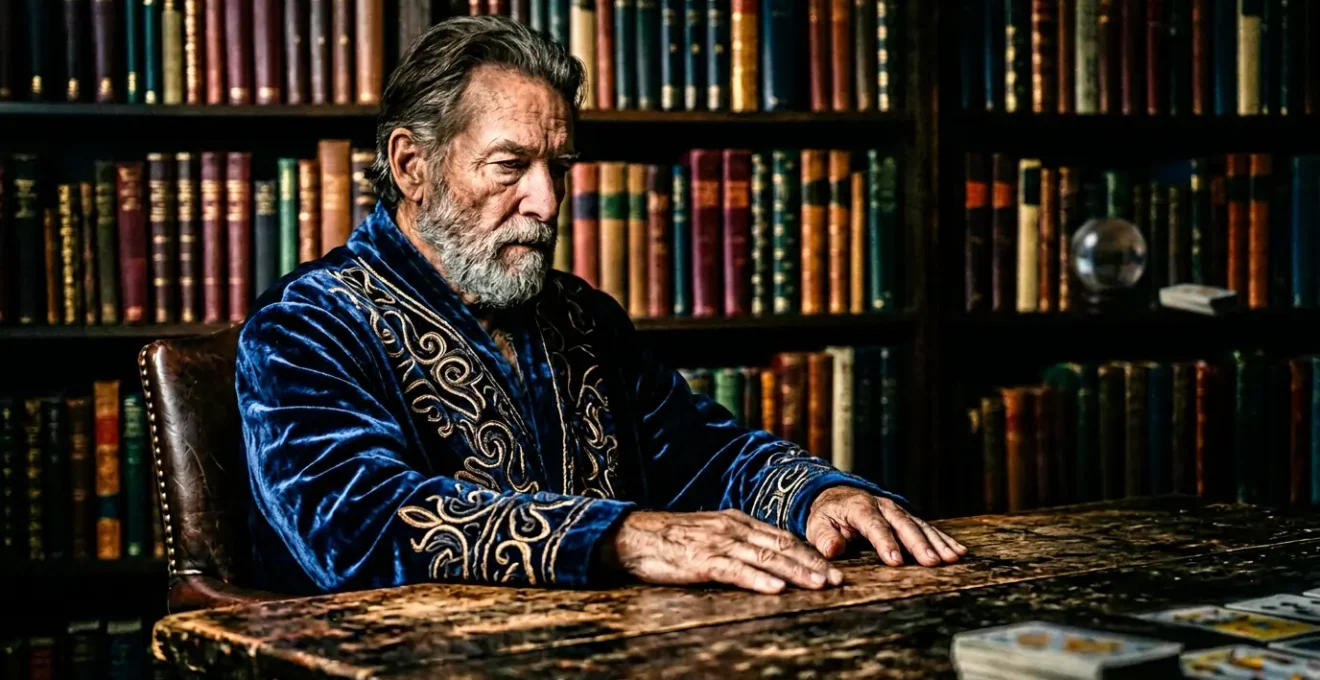 Portrait mystérieux d'une personne en robe sombre avec cristal et cartes de tarot flous en arrière-plan