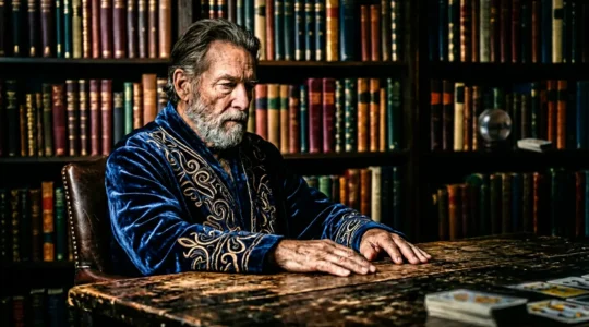 Portrait mystérieux d'une personne en robe sombre avec cristal et cartes de tarot flous en arrière-plan