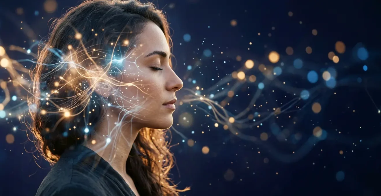 Représentation artistique d'un flash médiumnique avec effet de double exposition entre un profil humain et des motifs lumineux abstraits