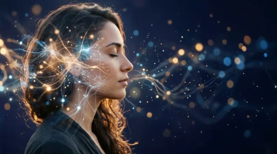 Représentation artistique d'un flash médiumnique avec effet de double exposition entre un profil humain et des motifs lumineux abstraits