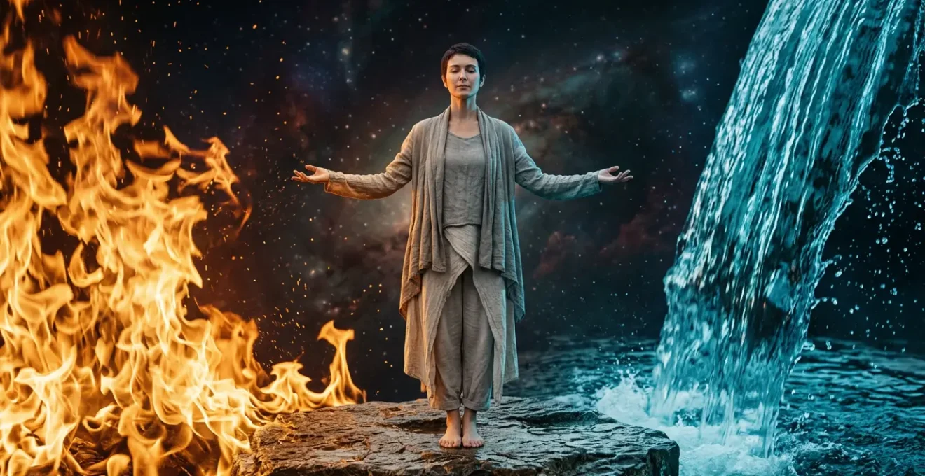 Personne en équilibre entre éléments feu et eau représentant l'énergie de Mars en astrologie
