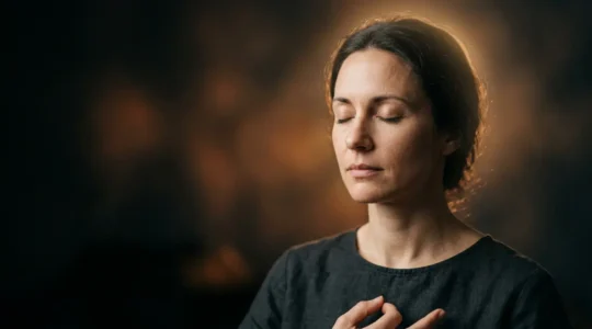 Portrait artistique d'une personne en état méditatif profond avec une lumière dorée subtile autour de la tête