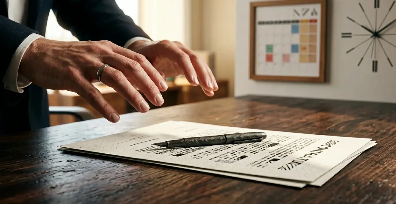 Une personne en costume d'affaires hésite devant un contrat posé sur un bureau en bois avec un stylo plume de luxe et des documents floutés en arrière-plan