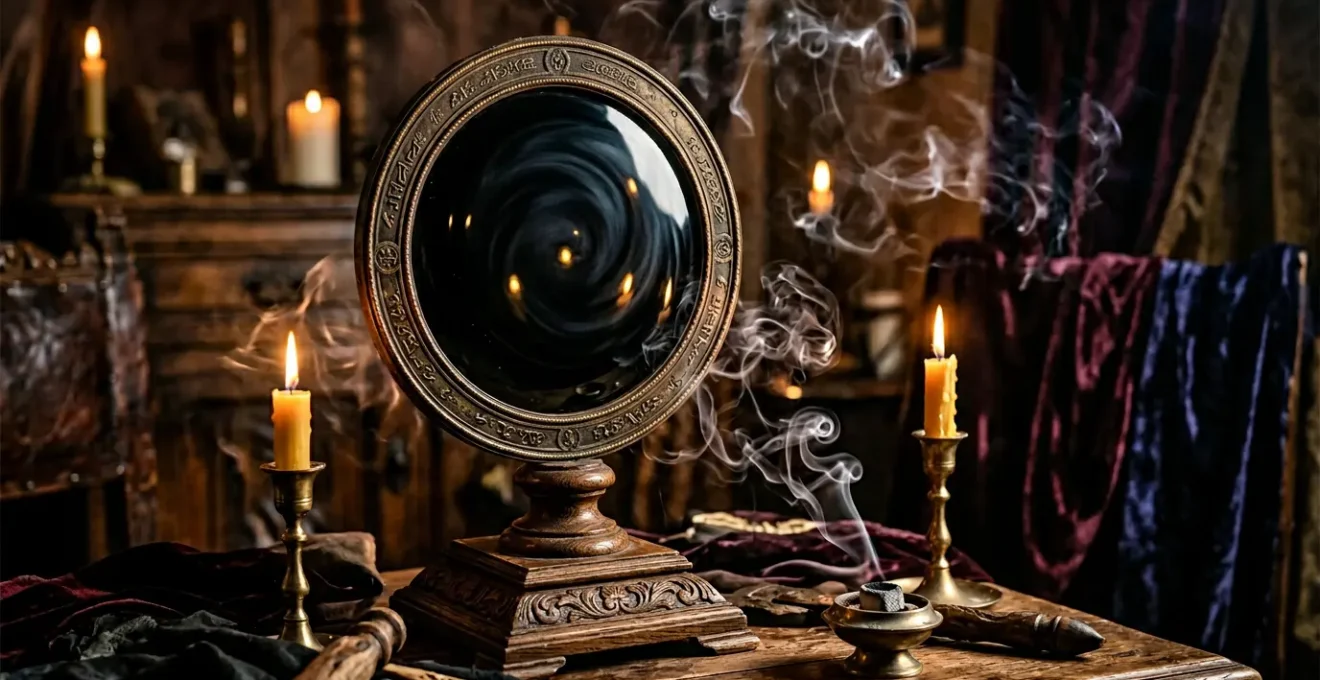 Un miroir noir d'obsidienne posé sur un socle ancien dans une ambiance mystérieuse avec des bougies et de la fumée d'encens