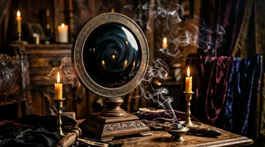 Un miroir noir d'obsidienne posé sur un socle ancien dans une ambiance mystérieuse avec des bougies et de la fumée d'encens