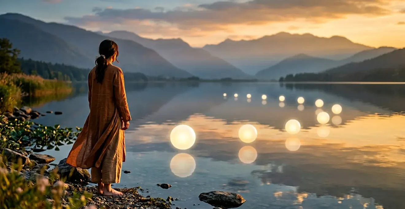 Personne contemplant des chiffres lumineux flottants dans un paysage mystique symbolisant la fin d'un cycle numérologique