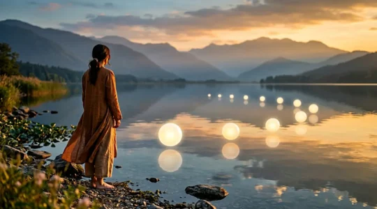 Personne contemplant des chiffres lumineux flottants dans un paysage mystique symbolisant la fin d'un cycle numérologique