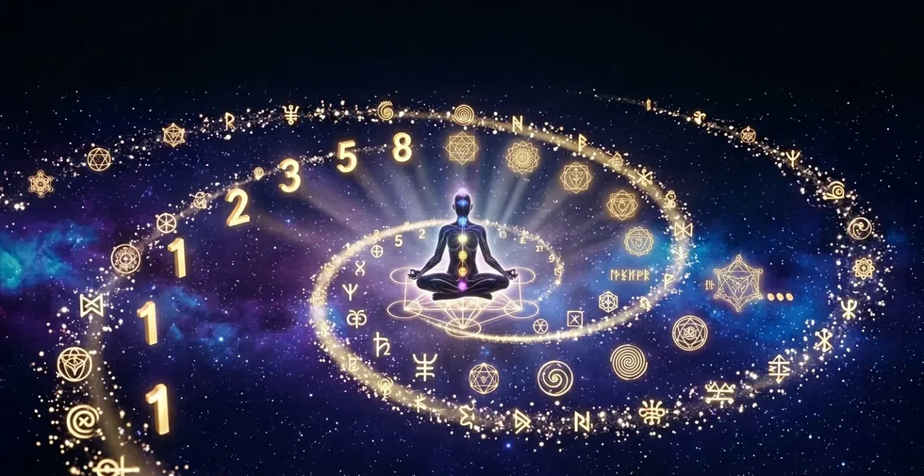 Spirale de nombres mystiques et symboles karmiques dorés sur fond cosmique