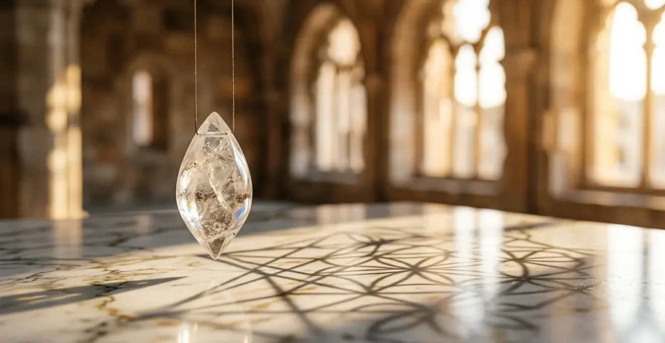 Pendule égyptien en pierre semi-précieuse suspendu au-dessus d'une surface de marbre