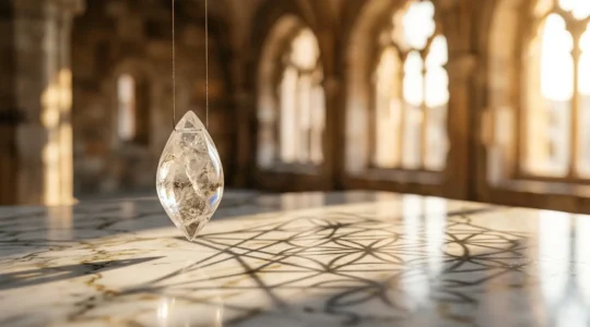 Pendule égyptien en pierre semi-précieuse suspendu au-dessus d'une surface de marbre