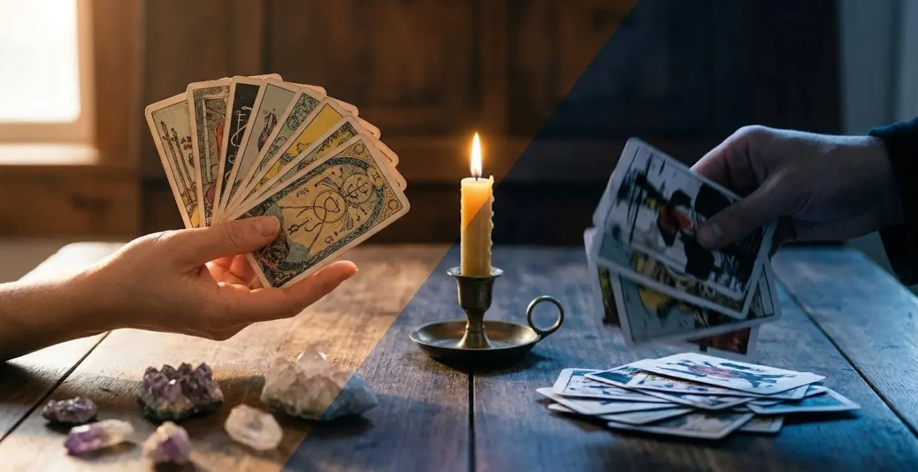 Main tenant des cartes de tarot au-dessus d'une table en bois avec cristaux et bougies, symbolisant les pratiques divinatoires authentiques