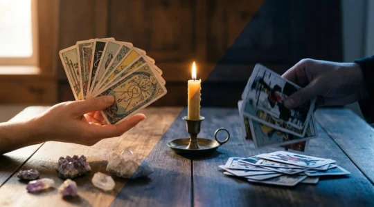 Main tenant des cartes de tarot au-dessus d'une table en bois avec cristaux et bougies, symbolisant les pratiques divinatoires authentiques