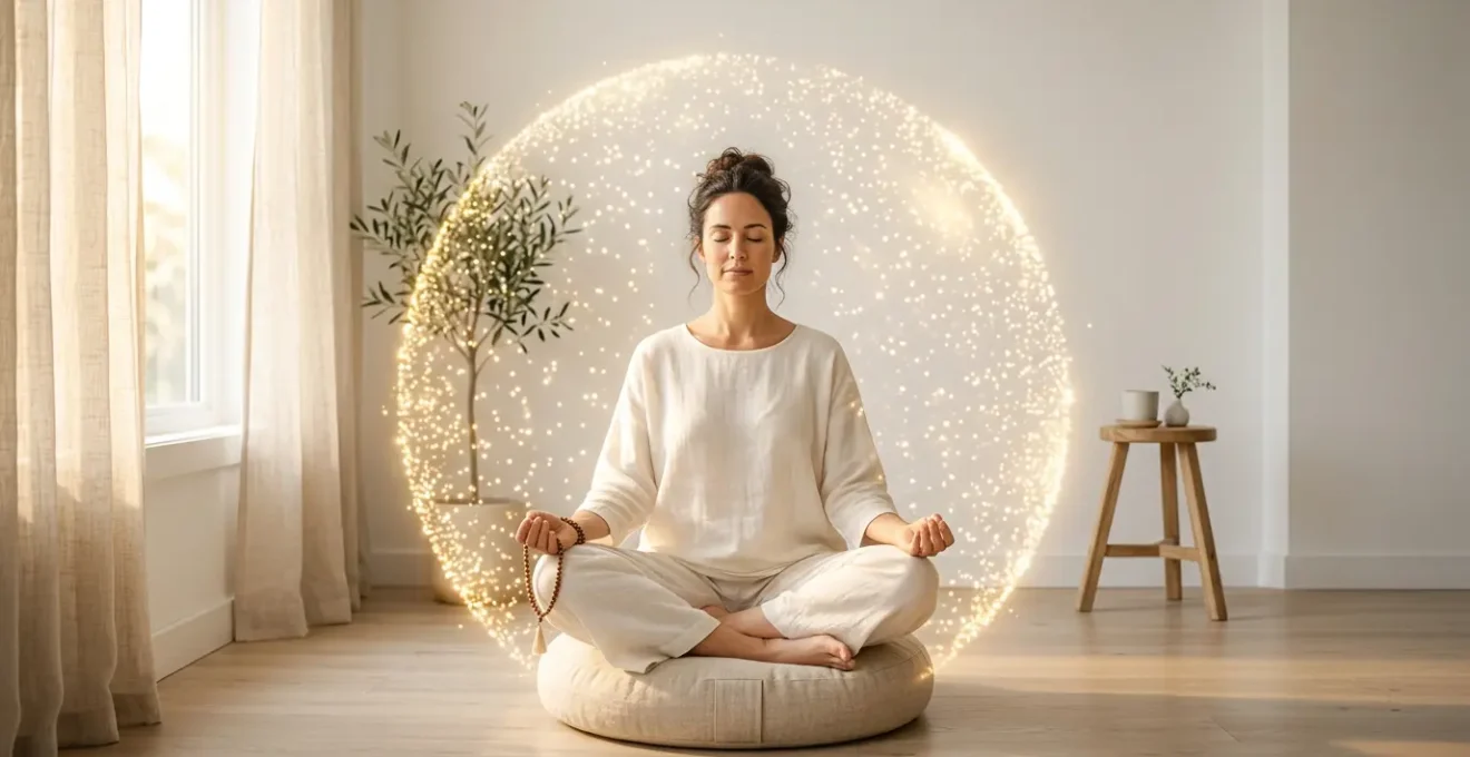 Femme en méditation entourée d'une lumière protectrice dorée dans un intérieur épuré