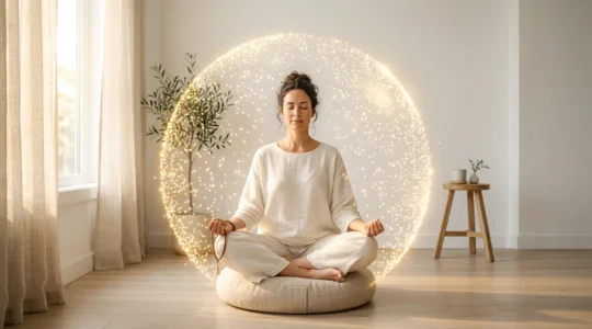 Femme en méditation entourée d'une lumière protectrice dorée dans un intérieur épuré