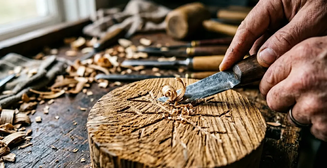 Mains gravant des symboles runiques sur une rondelle de bois de frêne, avec des copeaux et outils traditionnels en arrière-plan
